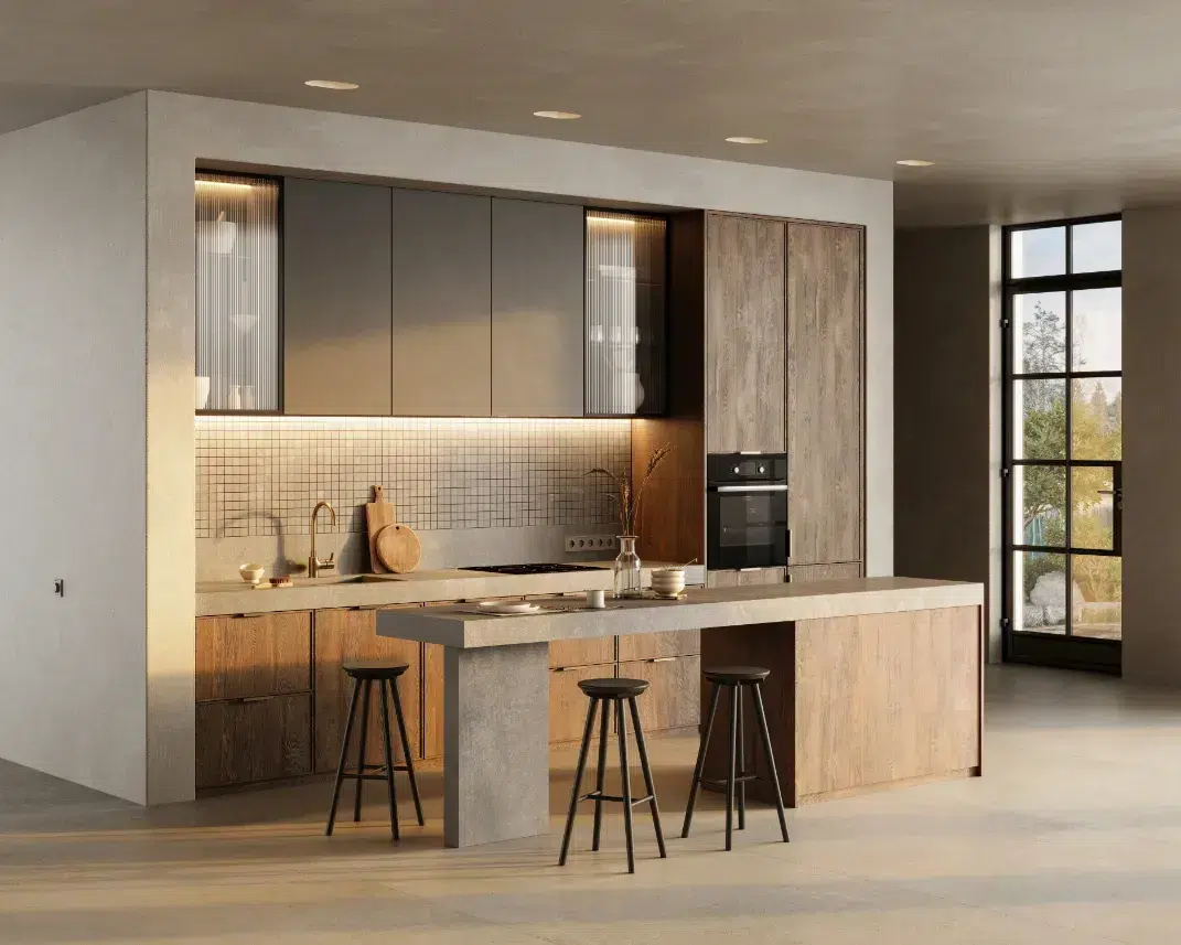 rénovation cuisine Québec - cuisine hybride traditionnelle et industrielle - comptoir et mur en enduit béton décoratif Art Béton