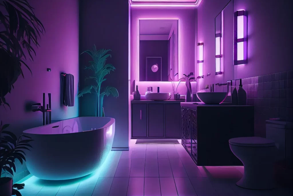 rénovation salle de bain petit budget - salle de bain avec lumières intelligentes - lumière apaisante rose