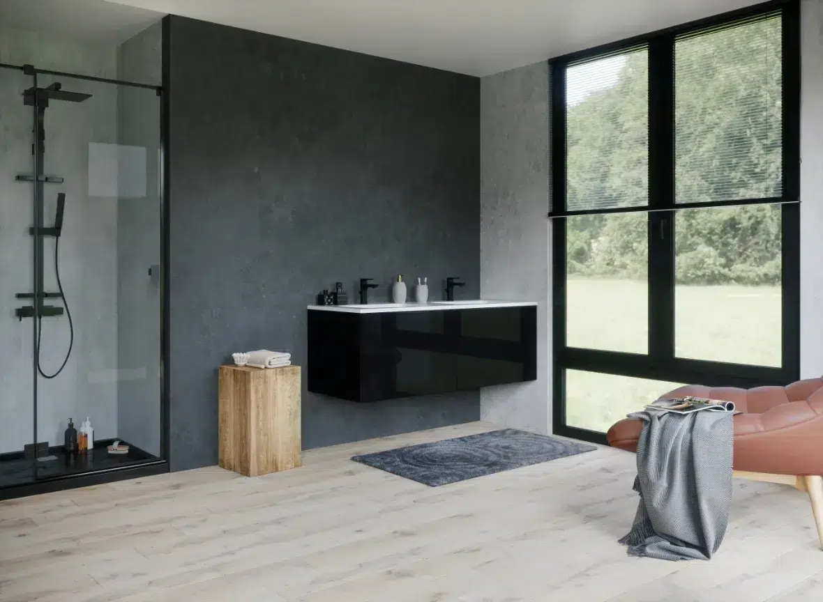 rénovation salle de bain petit budget - salle de bain minimaliste avec un mur en enduit béton décoratif Art Béton