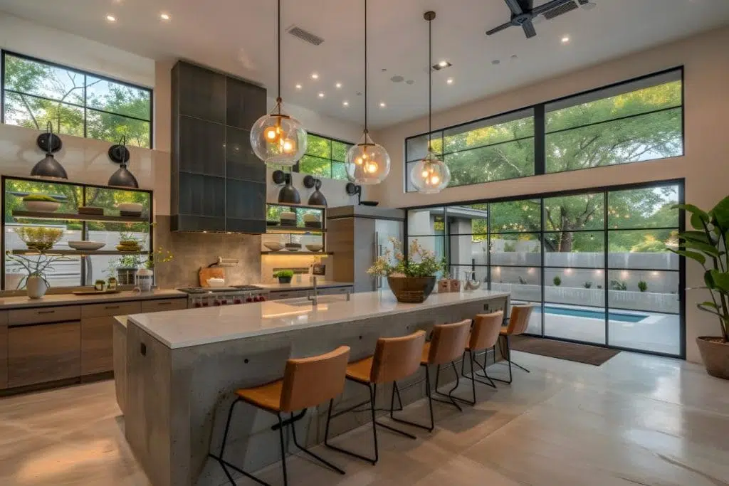 cuisine moderne avec des plante et un comptoir en beton decoratif art beton specialiste en enduit de beton au quebec
