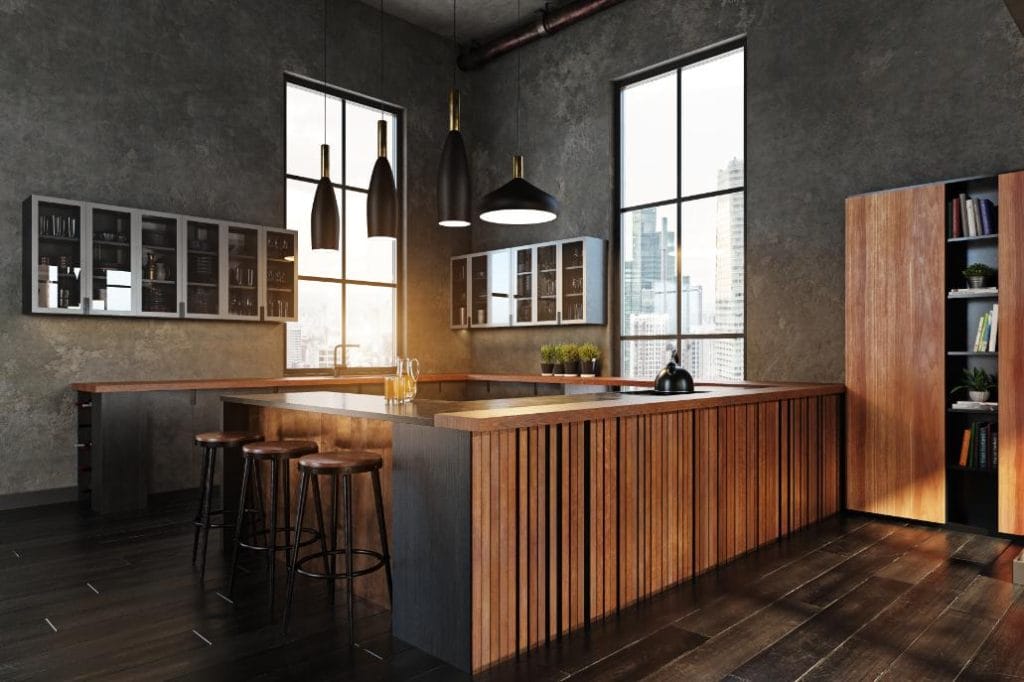cuisine moderne avec un comptoir en bois et enduit de beton. Art Beton, specialiste en decoration interieure avec le beton decoratif au Quebec