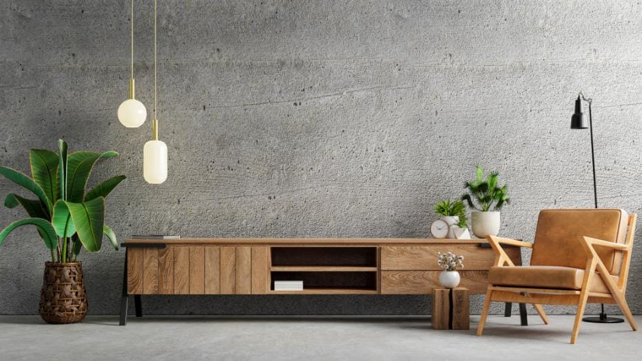 decoration interieure contraste avec du mobilier en bois et moderne avec un mur en enduit de beton. Art beton au quebec, specialiste en decoration interieure avec du beton decoratif