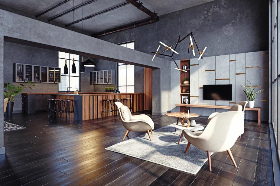salon moderne avec un mur en enduit de beton Art Beton au quebec, specialiste en decoration interieure avec du beton decoratif