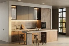 renovation-cuisine-quebec-adaptabilite rénovation cuisine Québec - cuisine hybride traditionnelle et industrielle - comptoir et mur en enduit béton décoratif Art Béton