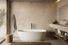 renovation-salle-de-bain-petit-budget-adaptabilite rénovation salle de bain petit budget - enduit de béton décoratif beige sur tous les murs et le vanité