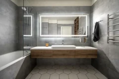 renovation-salle-de-bain-petit-budget-design-modern rénovation salle de bain petit budget - design moderne avec enduit de béton décoratif sur les murs et la baignoire